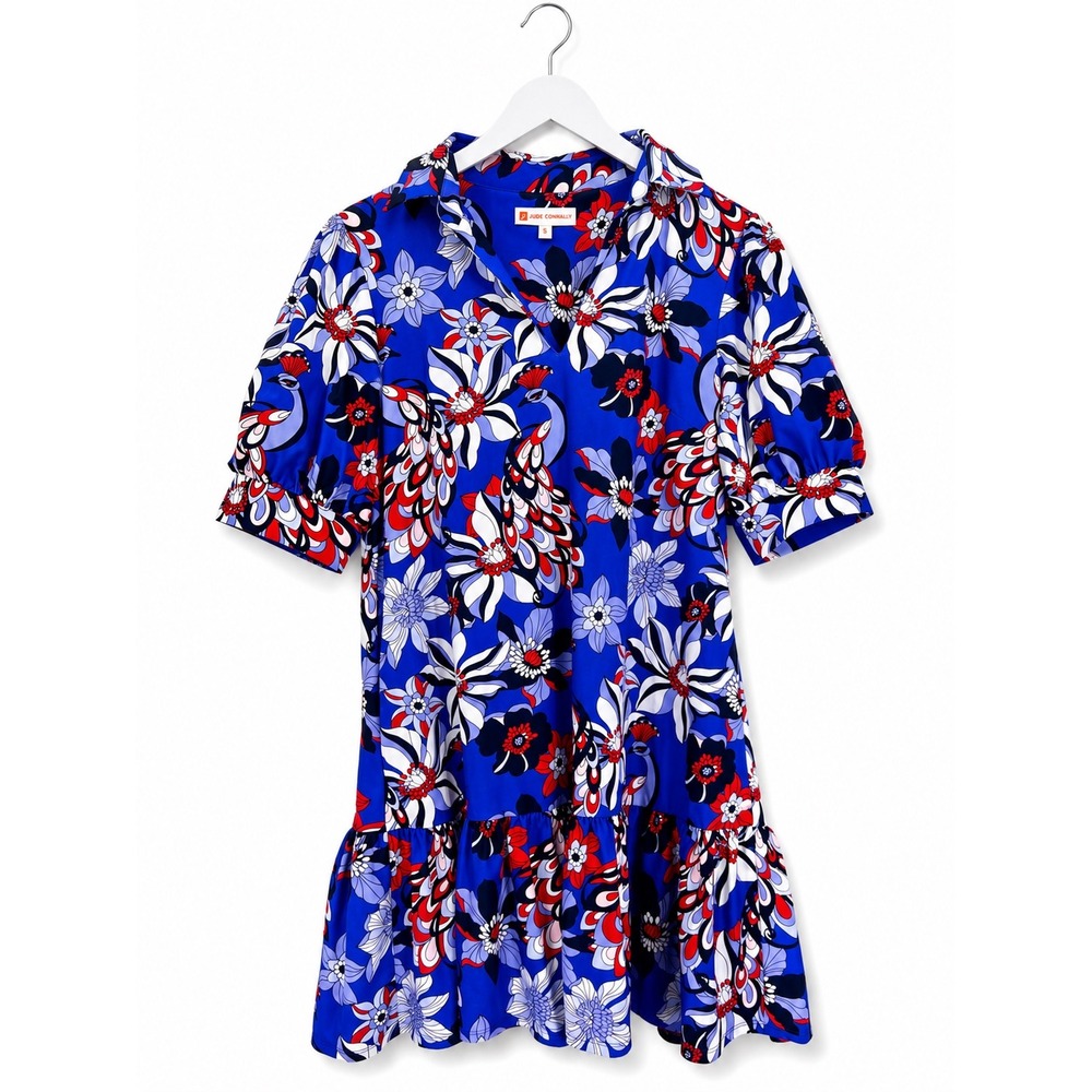 Jude Connally Blue Peacock Floral Print Ruffle Hem Shift Dress Medium